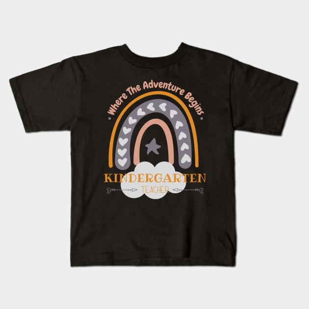 Pastel Rainbow on the cloud Kindergarten Where The Adventure Begins Kids T-Shirt by GROOVYUnit